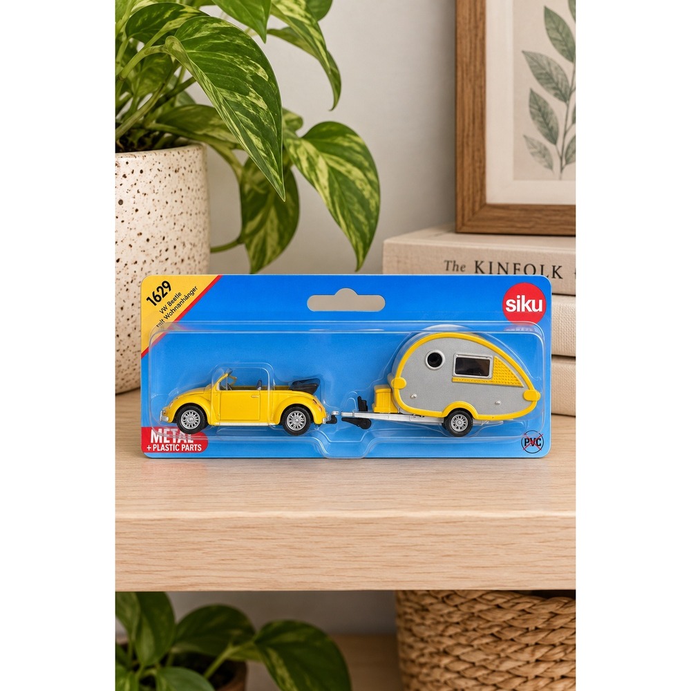 Siku 1629 VW Beetle Convertible with Teardrop Caravan Trailer Yellow Silver 1:87